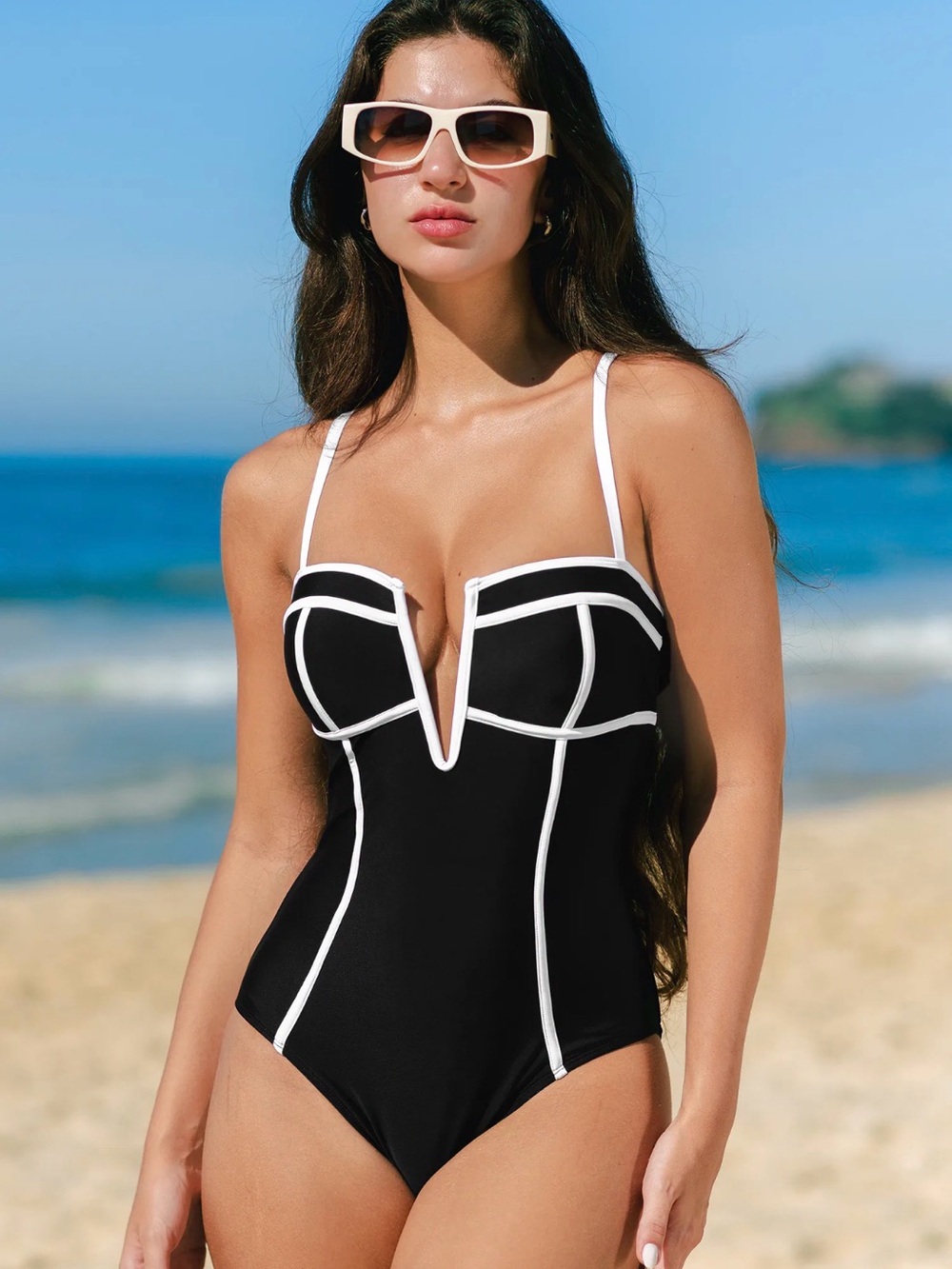 NWT Cupshe Black One-Piece Swimsuit with White Piping - size S